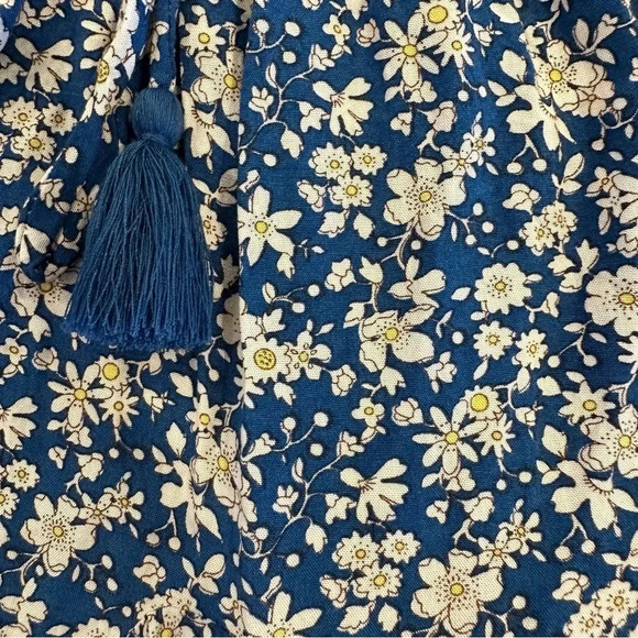 Aakaa Blue Ruffled White Floral Mini Skirt Drawstring Tassels Size Small - Picture 9 of 9